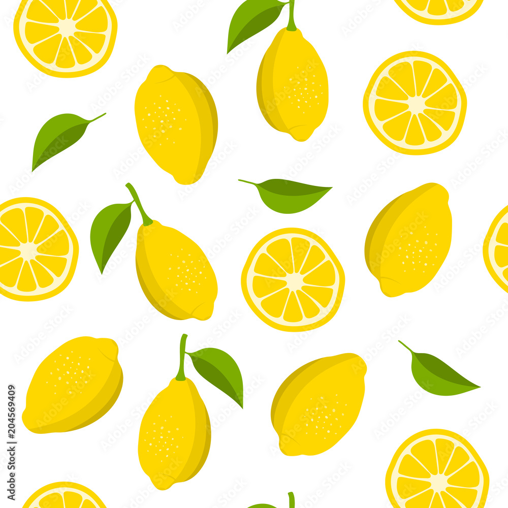 Poster lemon and slices of lemon pattern. summer background with yellow lemons. vector illustration