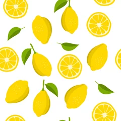 Fotobehang Citroen Citroen en plakjes citroen patroon. Zomer achtergrond met gele citroenen. vector illustratie