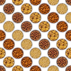 Nuts in aluminum cups. Seamless pattern of nuts