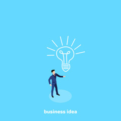 a man in a business suit stands on a blue background and a painted light bulb, an isometric image