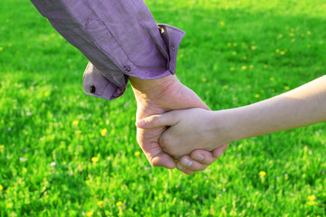 Father's and his teenage daughter hands on bright green meadow background. Family, trust, protecting, care, parenting concept.
