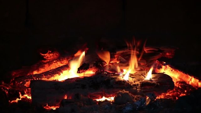 Hot coals and fire flames in fireplace, bonfire close-up. 