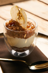 Delicious dessert with ice cream and chocolate. Luxury vegetarian sweet snack food