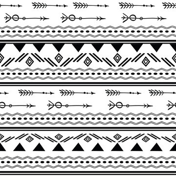 Arrows tribal black and white seamless pattern. Great for folk modern wallpaper, backgrounds, invitations, packaging design projects. Surface pattern design.