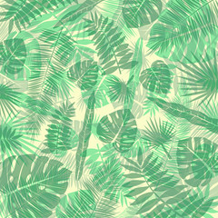 Vector image of a background of tropical leaves in green and yellow shades. Botanical illustration.