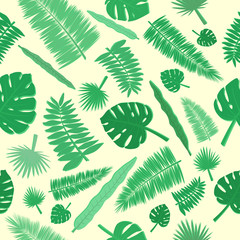 Fototapeta na wymiar Illustration of a tropical leaves on a yellow background. Vector seamless pattern. Tropical illustration.