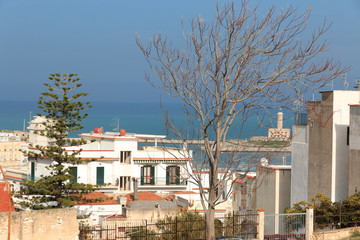 Italy, Foggia, Apulia, SE Italy, Gargano National Park,Vieste. Old  white washed-houses with red tiled roofs. Looking over the lighthouse.