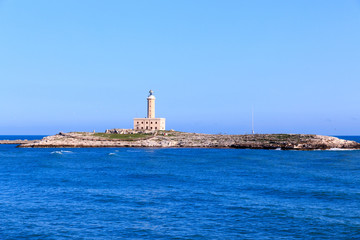 Italy, Foggia, Apulia, SE Italy, Gargano National Park,  Vieste. Faro di Isola Santa Eufemia. Light house on the Island of St. Eufemia.