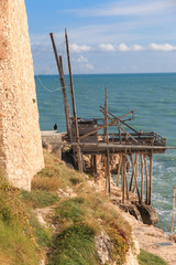 Italy, Foggia, Apulia, SE Italy, Gargano National Park, Vieste. Beachline. View of  fishing platforms.