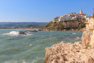 Italy, Foggia, Apulia, SE Italy, Gargano National Park, old town Vieste. White-washed stone houses...