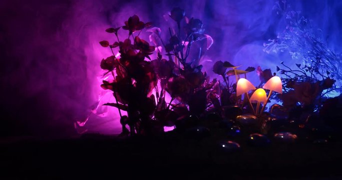 Three fantasy glowing mushrooms in mystery dark forest close-up. Beautiful macro shot of magic mushroom or three souls lost in avatar forest. Fairy lights on background with fog. Slider shot.