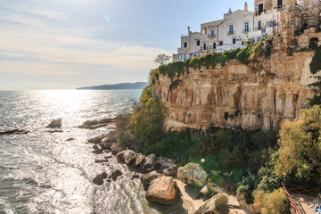 Italy, Foggia, Apulia, SE Italy, Gargano National Park, old town Vieste. White-washed stone houses...