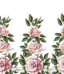 Seamless border with pink roses, leaves and white flowers. Vector illustration.