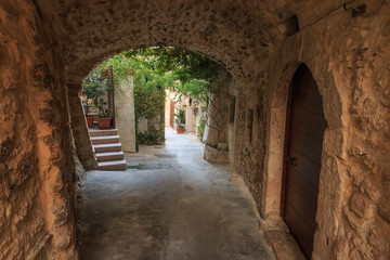 Italy, Foggia, Apulia, SE Italy, Gargano National Park, Vieste. Old city, pedestrian arched pathways, painted, grape-vine decorated streets.