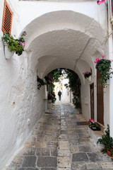 Italy, SE Italy, Ostuni. Narrow, arched old town . Cobblestone streets. Vine-covered. Doorways.The "White City."