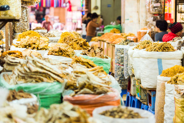 Dried seafood in the local market in Hanoi, Vietnam. Close-up.