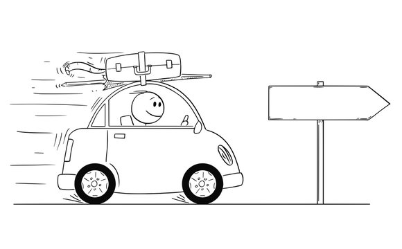 Cartoon Stick Man Drawing Conceptual Illustration Of Smiling Man In Small Car Going On Holiday Or Vacation. Empty Sign For Your Text.