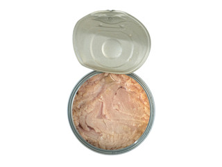 Metallic can with tuna fish isolated on white