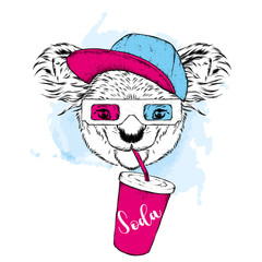 Koala in 3d glasses and a glass of soda. Vector illustration.
