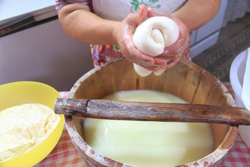 Italy, southern Italy. Puglia. Preparing cheese at a home.