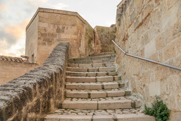 Italy, Southern Italy, Region of Basilicata, Province of Matera, Matera. Stone stairway.