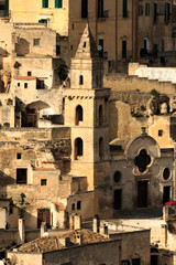 Italy, Southern Italy, Region of Basilicata, Province of Matera, Matera. The town lies in a small canyon carved out by the Gravina. Overview of town.