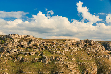 Italy, Southern Italy, Region of Basilicata, Province of Matera, Matera. The town lies in a small canyon carved out by the Gravina. Territorial view.