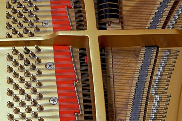 Detail inside the piano with copper strings, pins and hammers
