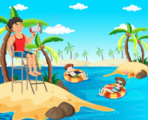 Obraz na płótnie Canvas Lifeguard on the Beach Holding Megaphone