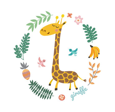 Vector illustration of cute giraffe and tropical leaves. Childish background with smiling cartoon character