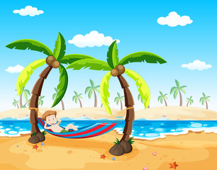 Fototapeta na wymiar A Boy Relaxing under Palm Tree