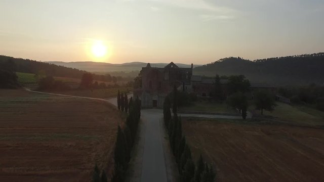Chiusdino at sunset in Tuscany, aerial