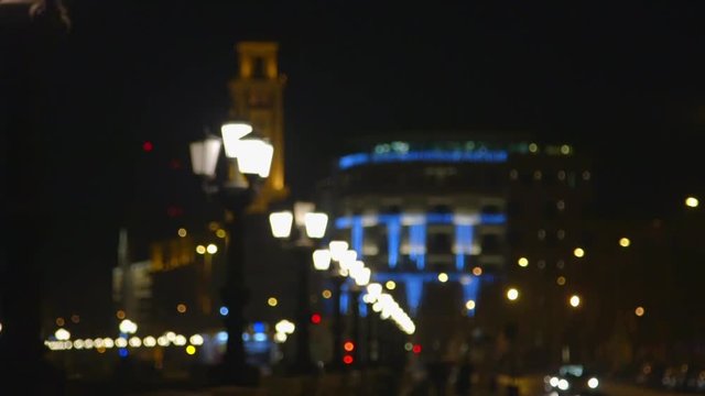 Low angle, downtown Bari at night