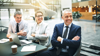 Mature businesspeople sitting at a table during an office presen