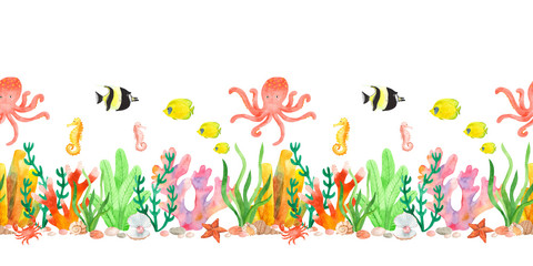 Sea underwater pattern in watercolor. Seamless border with octopus, fish, seahorses, algae, corals, crab, sea star.