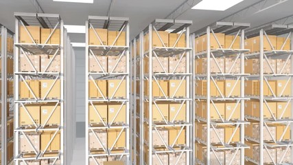 Modern Automated Logistics Center's interior. AGV and autonomous forklift carrying goods. Concept for automated logistics solution. - Powered by Adobe