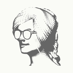 Portrait of a lady in sunglasses. Vintage engraved illustration