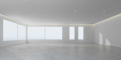 3D rendering of white room space with interior lighting and sun light cast the window shadow on the wall and floor,Perspective of minimal design architecture	