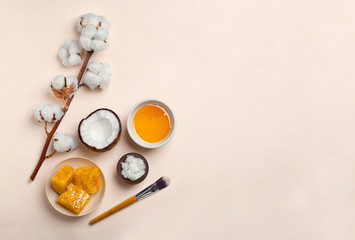 Fresh ingredients for homemade effective acne remedies on light background, flat lay