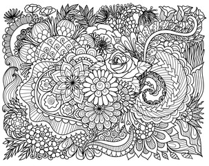 Line art design of intricate florals for background and coloring book page for adult.Vector illustration