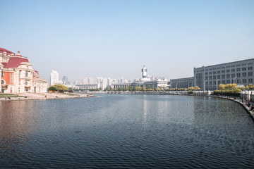 Cityscape of Tianjin, China. The word on the building is: Tianjin Station.