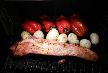 Steak board with tomatoes onions
