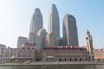 Fototapeta na wymiar Cityscape of Tianjin, China. The word on the building is: Jinwan Plaza.