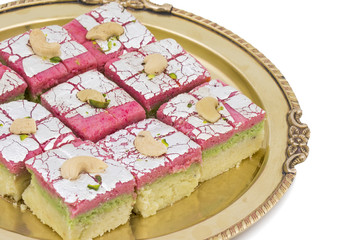 Indian Sweet Food Dryfruit Barfi Also Know As Cashew barfi, Mithai, barfee, Mawa Barfi, Mava barfi, khoya Burfi Indian Popular Sweet Made up of Mawa, Milk and Sugar isolated on white background