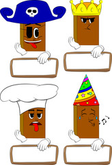Books with blank paper on wood. Cartoon book collection with costume faces. Expressions vector set.