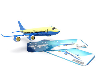 Air Travel Concept. Cartoon Toy Jet Airplane with Airline Boarding Pass Tickets on a white background. 3d Rendering