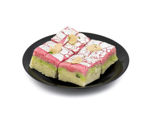 Indian Sweet Dryfruit Barfi Also Know As Cashew barfi, Mithai, barfee, Mawa Barfi, Mava barfi, khoya Burfi Indian Popular Sweet Made up of Coconut, Mawa, Milk and Sugar isolated on white background