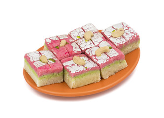 Indian Sweet Dryfruit Barfi Also Know As Cashew barfi, Mithai, barfee, Mawa Barfi, Mava barfi, khoya Burfi Indian Popular Sweet Made up of Coconut, Mawa, Milk and Sugar isolated on white background