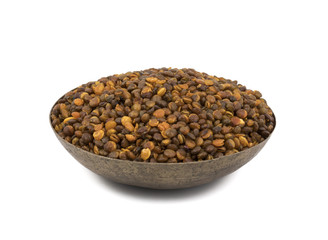 Indian Traditional deep fried salty dish - Dal Namkeen Also Know As Namkin, Nimco in Vintage bowl isolated on white background