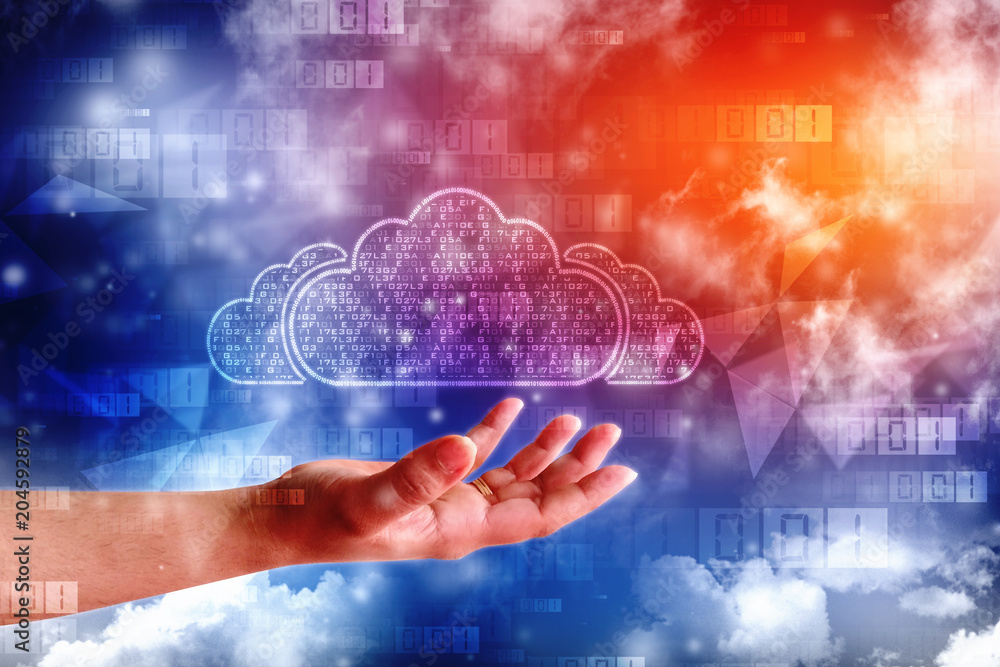 Poster business man showing cloud technology concept, 2d rendering cloud computing, cloud computing concept